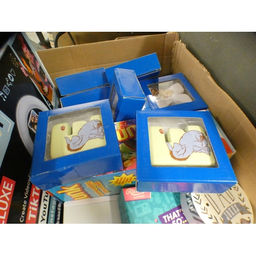 2096 - A box of assorted toys and games including Digital Video Makers Studio Winnie the pooh ceramic lette... 