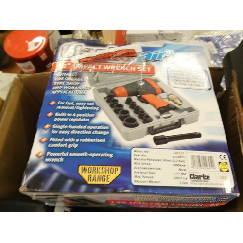 2111 - Box of Clarke hand tools inc. impact wrench set, jump start, nailer - MM3147 * this lot is subject t... 