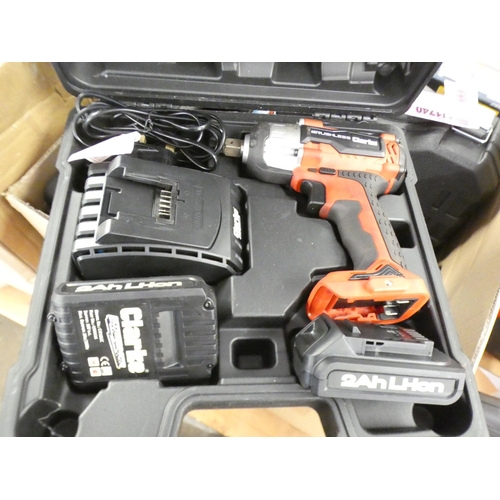 2111 - Box of Clarke hand tools inc. impact wrench set, jump start, nailer - MM3147 * this lot is subject t... 