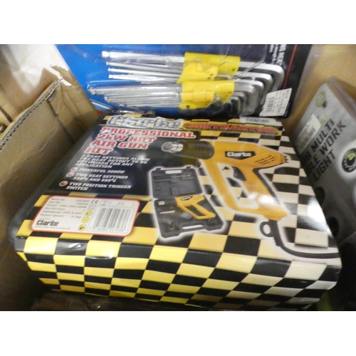 2159 - Clarke job lot: box of misc. hand tools inc. Allen keys, hot air gun, plier set, hose saw kit, work ... 