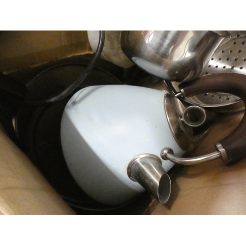 2169 - Box of pots & pans with small ceramic roasting dish