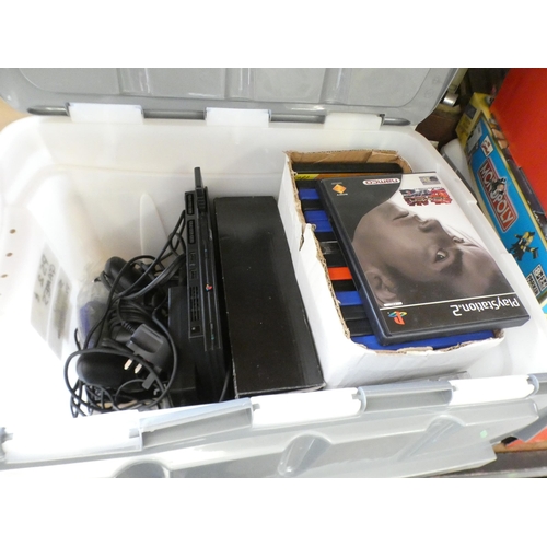 2190 - Gaming bundle: PS2 with games, desktop pool table, Wii console with balance board, TV bracket, Monop... 