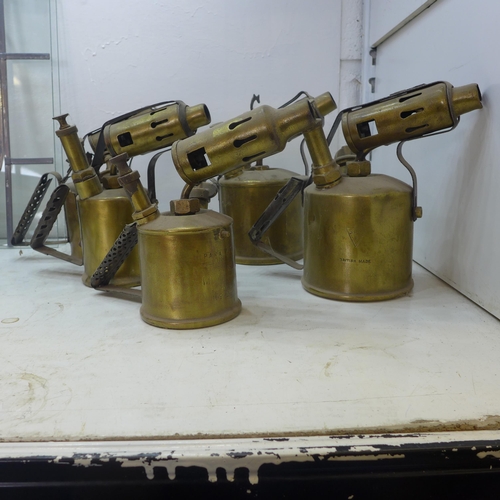 2249 - 5 Vintage brass blowtorches/blowlamps