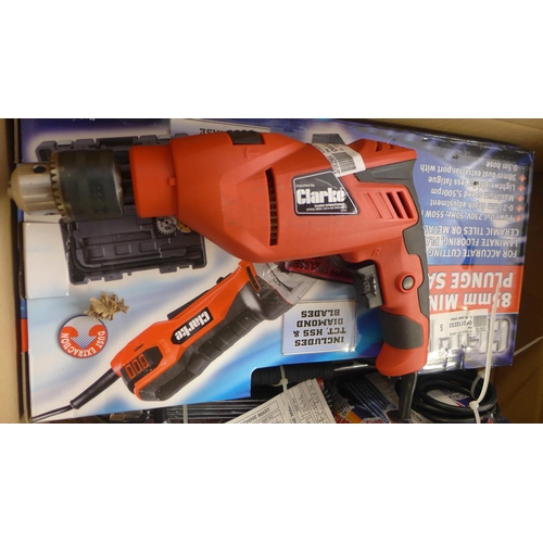 2389 - Box of misc. hand tools inc. cordless nailer, drill, plunge saw, inflator, etc.  - MM3149 * this lot... 