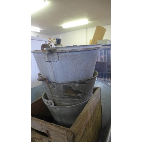 2409 - Tin bath & 3 galvanised pails plus 2 vintage wood crates