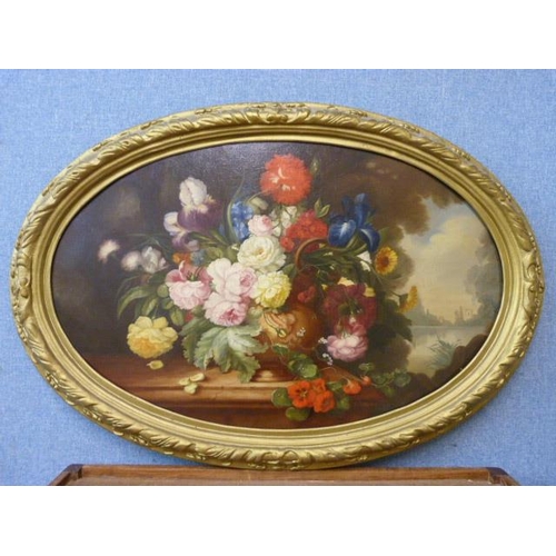 354 - K. Bartle, oval still life of roses, oil on canvas, framed