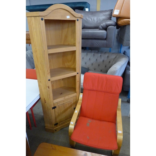 1610 - A large pine corner bookcase and a red upholstered side chair (marked)