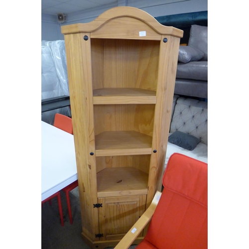 1610 - A large pine corner bookcase and a red upholstered side chair (marked)