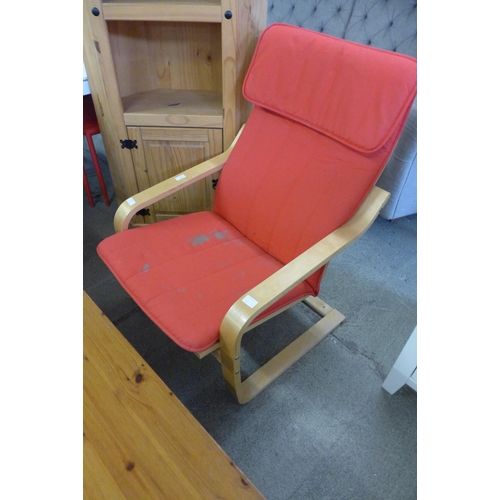 1610 - A large pine corner bookcase and a red upholstered side chair (marked)