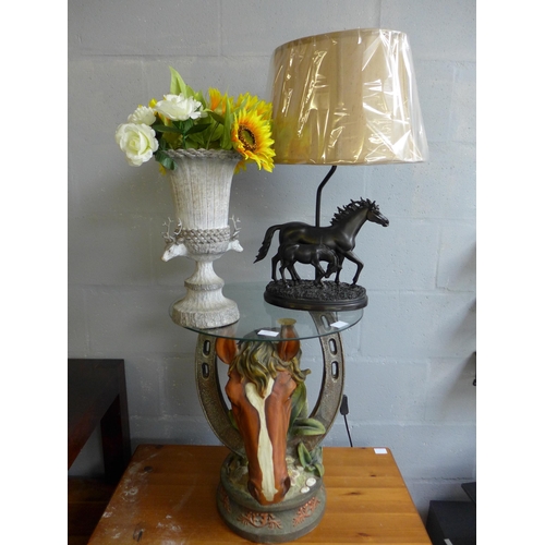 1640 - An Art Deco horse glass lamp table, a horse lamp and a deer vase