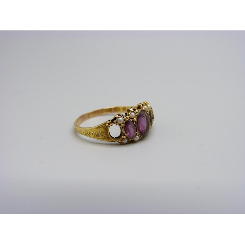 892 - A Victorian 15ct gold, seed pearl and amethyst ring, Birmingham 1877, lacking a stone and a pearl, 2... 