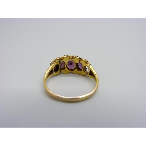 892 - A Victorian 15ct gold, seed pearl and amethyst ring, Birmingham 1877, lacking a stone and a pearl, 2... 