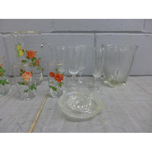 1018 - A collection of glassware including a floral lemonade set **PLEASE NOTE THIS LOT IS NOT ELIGIBLE FOR... 