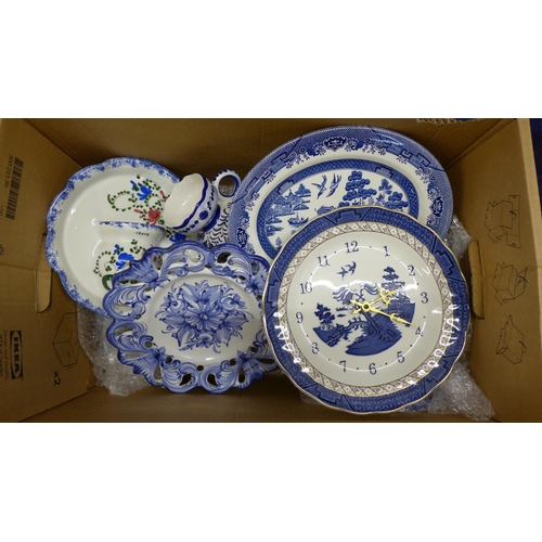 1026 - Two boxes of mixed china, some blue and white willow pattern **PLEASE NOTE THIS LOT IS NOT ELIGIBLE ... 