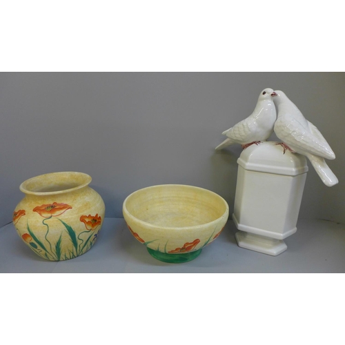 669 - An E. Radford bowl and vase and a Costa Italy bird container, bird tail feather a/f