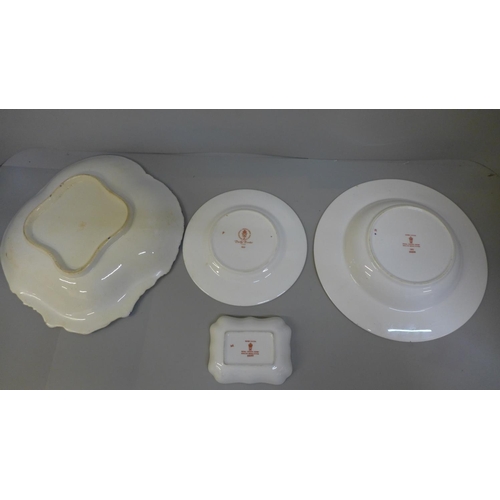 672 - A Royal Crown Derby 383 soup dish, a shaped Crown Derby dish, a Derby Border tea plate and a Derby P... 