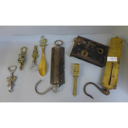 679 - Two spring scales, Salter and Excelsior and other mixed brass and a door lock