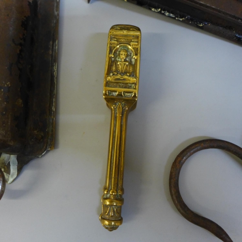 679 - Two spring scales, Salter and Excelsior and other mixed brass and a door lock