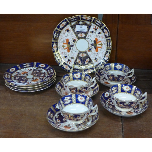 681 - Four Crown Derby trios and a Royal Crown Derby sandwich plate, (sandwich plate a/f)