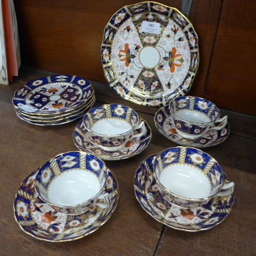 681 - Four Crown Derby trios and a Royal Crown Derby sandwich plate, (sandwich plate a/f)