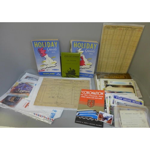 687 - Railwayania: a tray of railway ephemera including holiday guides, official forms, postcards, etc.