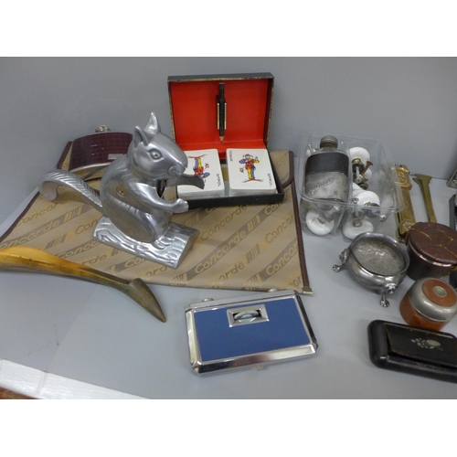 695 - Assorted items including a Squirrel shaped nutcracker, spirit flasks, Cunard matches, travel inkwell... 