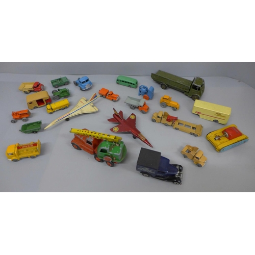 697 - Die-cast model vehicles, Lesney including Coca-Cola, Crescent, Benbros, a tin-plate tank and an empt... 