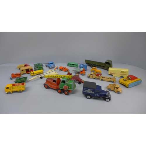 697 - Die-cast model vehicles, Lesney including Coca-Cola, Crescent, Benbros, a tin-plate tank and an empt... 