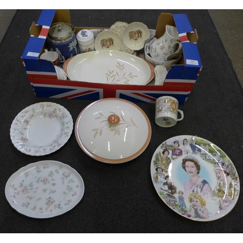 717 - A box of mixed china; Wedgwood, Coalport, Crown Ducal Dame Laura Knight mug, etc.