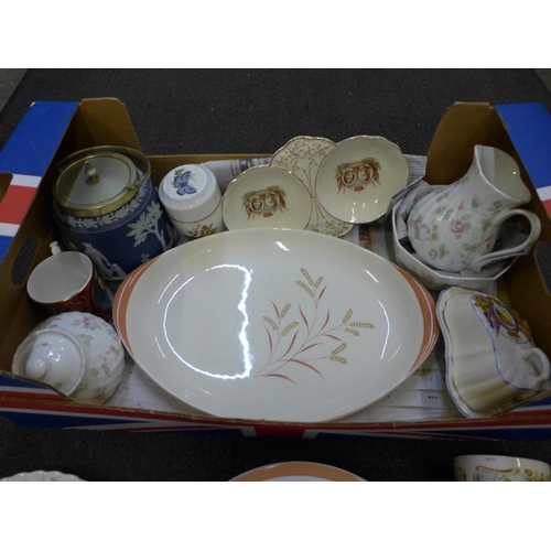 717 - A box of mixed china; Wedgwood, Coalport, Crown Ducal Dame Laura Knight mug, etc.