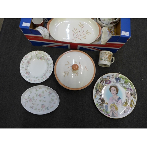 717 - A box of mixed china; Wedgwood, Coalport, Crown Ducal Dame Laura Knight mug, etc.