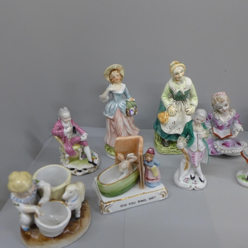 718 - Sixteen German and continental figures including spill holders and pin cushion doll, some a/f