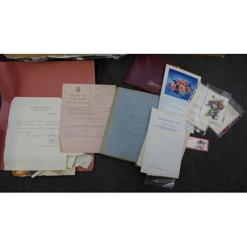 723 - Two boxes of ephemera including postcards, pictures, documents, letters, etc.