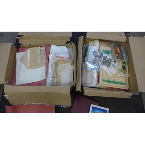 723 - Two boxes of ephemera including postcards, pictures, documents, letters, etc.