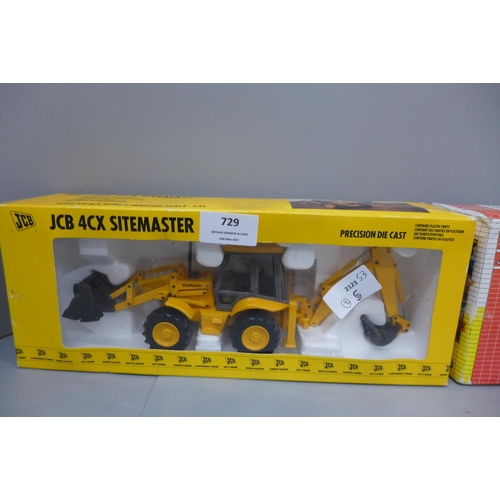 729 - A JCB 4CX Sitemaster vehicle and a Joal Compact Backhoe Loader die-cast vehicles, both boxed