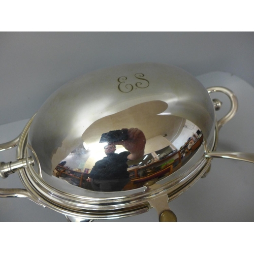 770 - A James Dixon & Son, Sheffield silver plated revolving top breakfast dish and ladle