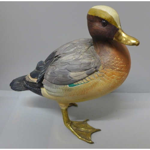 783 - A wooden model of a Mallard Duck with brass feet and bill