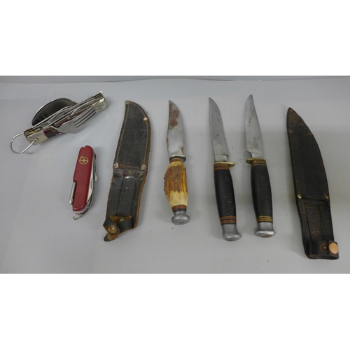 790 - Three hunting knives, one by William Rodgers, and two multi-tool knives