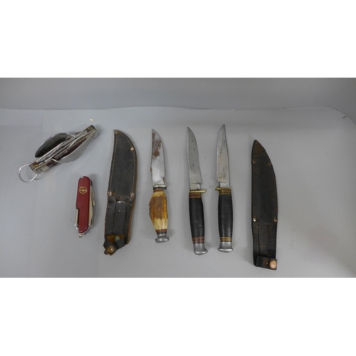 790 - Three hunting knives, one by William Rodgers, and two multi-tool knives