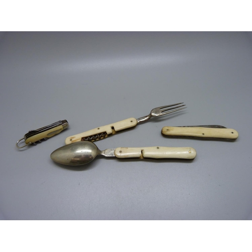 819 - A folding fork and spoon and two other pocket knives, (one blade of small knife a/f)