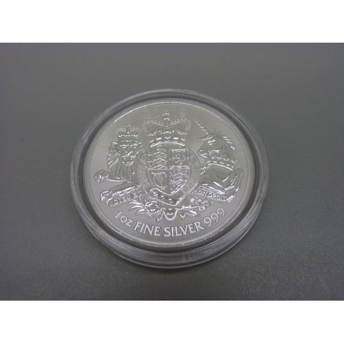 877 - A Royal Mint 2019 1oz fine silver £2 coin, Royal Coat of Arms