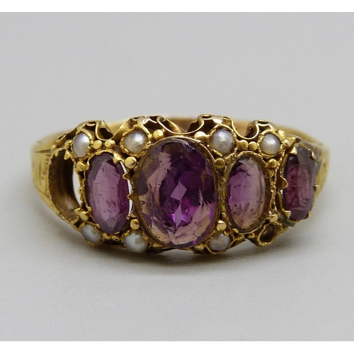 892 - A Victorian 15ct gold, seed pearl and amethyst ring, Birmingham 1877, lacking a stone and a pearl, 2... 