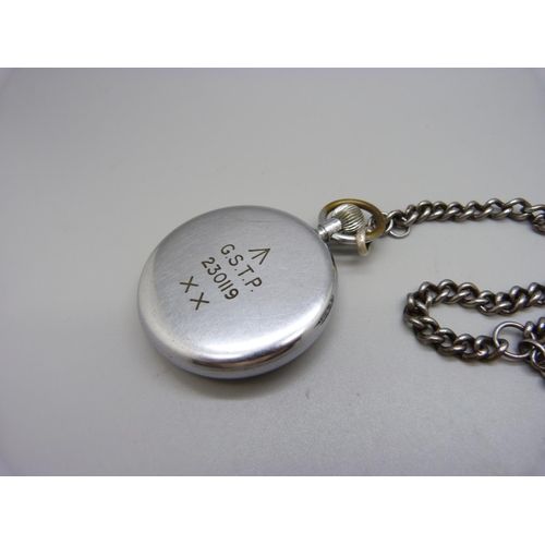 897 - A Jaeger-LeCoultre military pocket watch, the case back marked GSTP 230119 XX, with chain