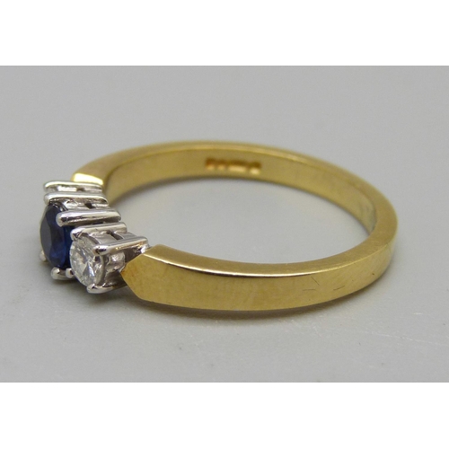 919 - An 18ct gold, diamond and sapphire ring, 3.8g, O+