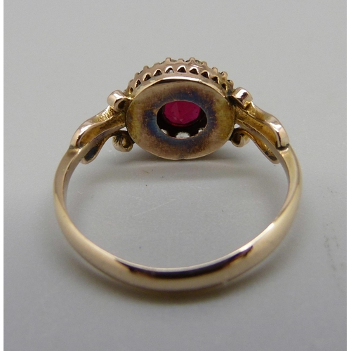 948 - A Victorian 9ct gold, red and white paste stone set  cluster ring, Chester 1897, 1.7g, J