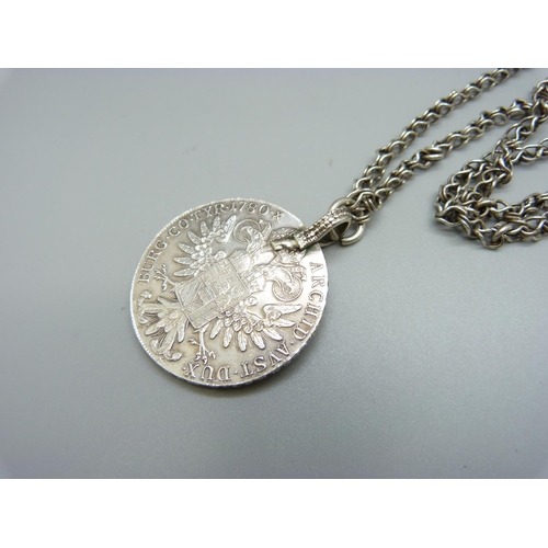 952 - A mounted Marie Theresia silver coin on white metal chain