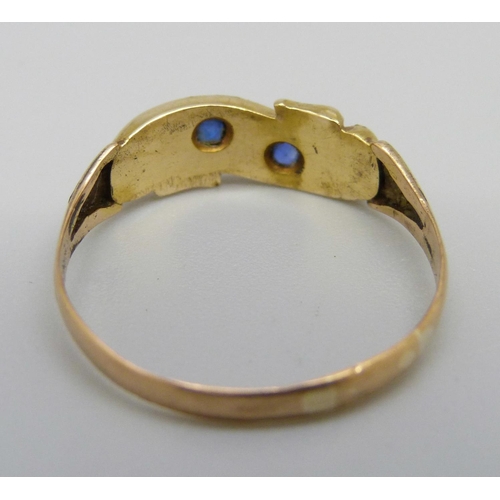 963 - A yellow metal, sapphire and pearl ring, 2.3g, R