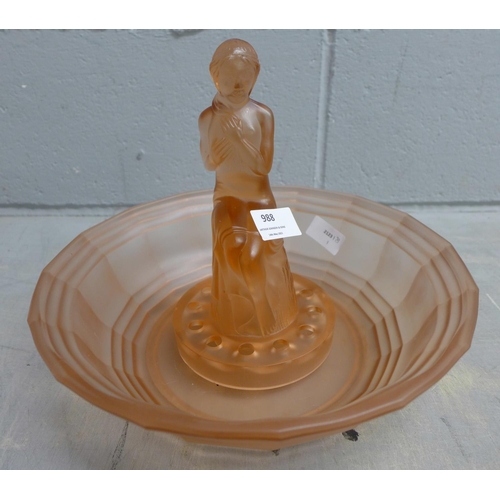 988 - A mid 20th Century peach glass posy/table centrepiece, base a/f