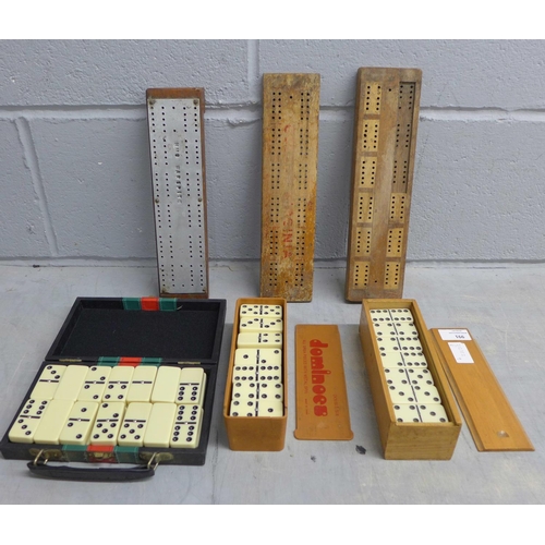 991 - Three cribbage boards, including one marked HMS Warspite, and three sets of dominoes