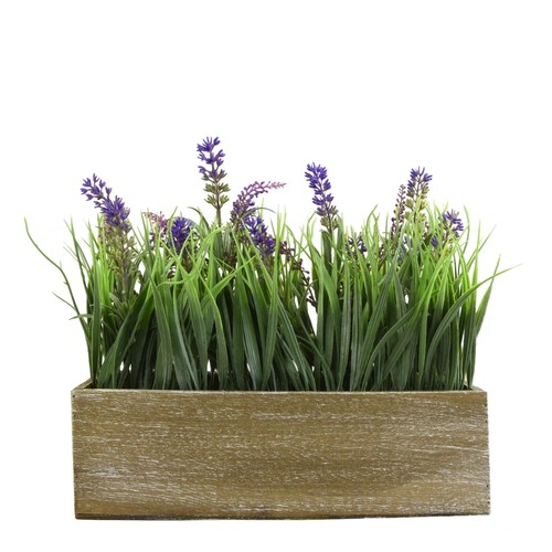 1377 - A display of faux lavender and onion grass in a wooden box, W 30cms (65880013)   #